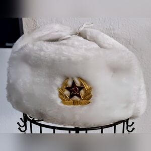 Ushanka Hat Russian Soviet Army Faux Fur Military Cossack Winter Cap- White